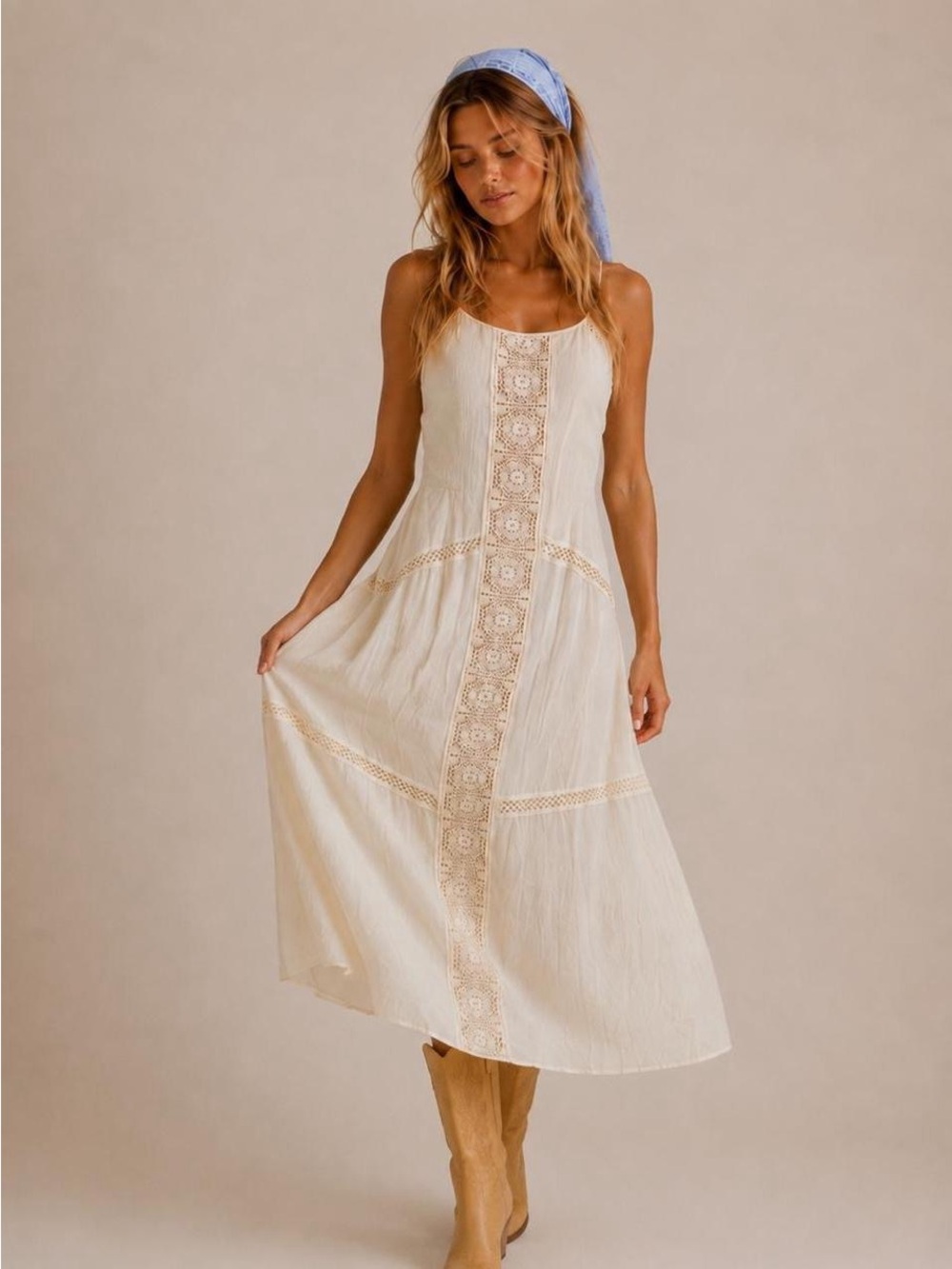 Cream Lace-Trim Sleeveless Midi Dress